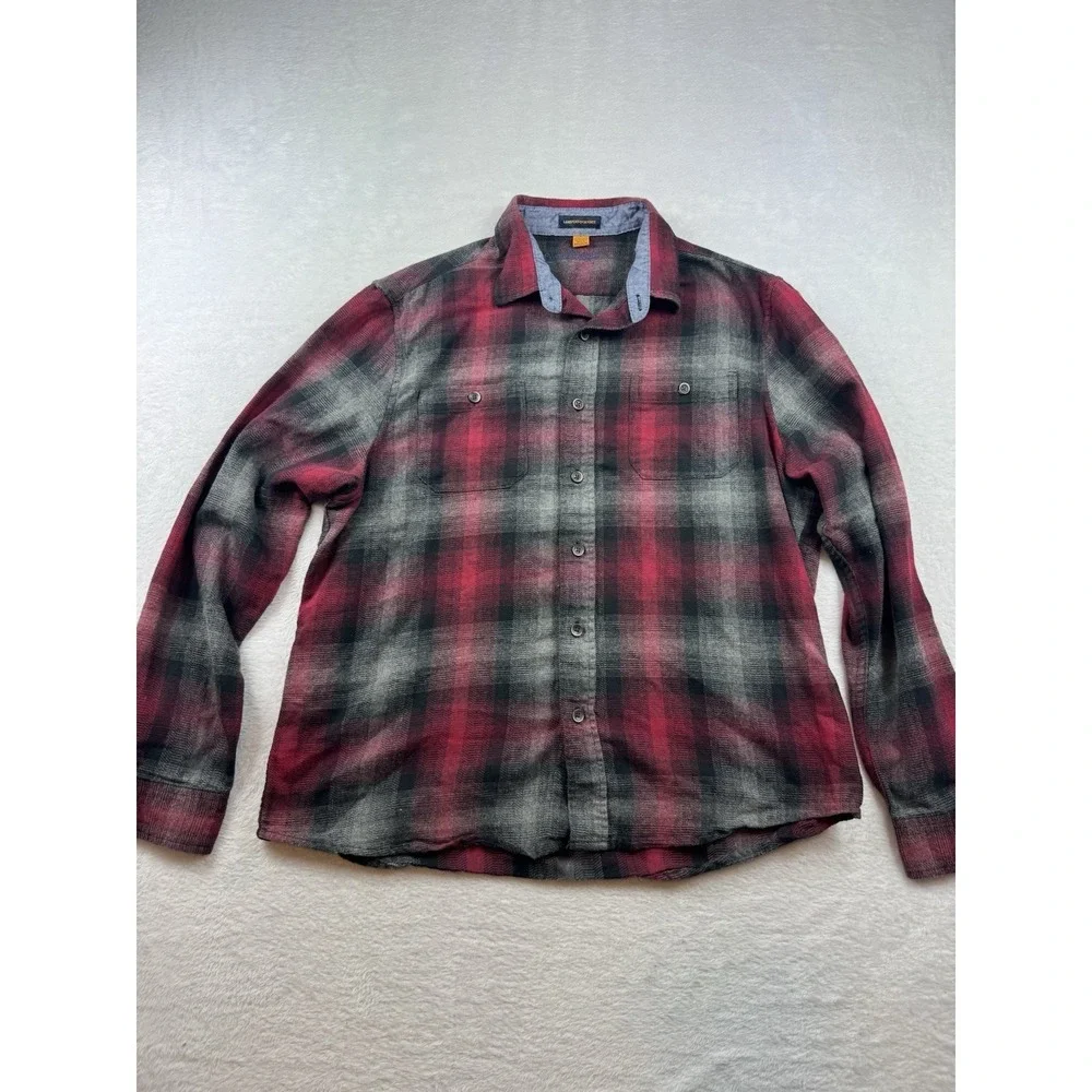 Tailor Vintage Flannel Shirt Mens Large Maroon Black Grey Plaid Luxe Performance